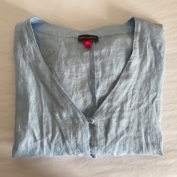 New Vince Camuto Linen Tie Waist Button Up Top - Picture 4 of 7